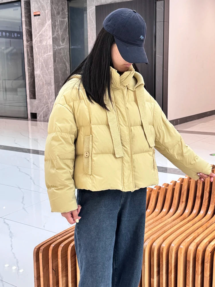 Winter Short Knitted Hooded Down Jacket   Female Zipper Puff Jackets