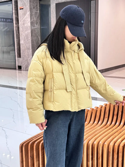 Winter Short Knitted Hooded Down Jacket   Female Zipper Puff Jackets