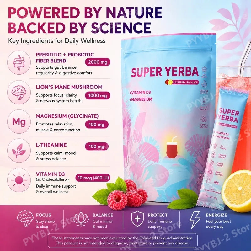 Yerba Instant Powder 30 Packets, Contain Raspberry Lemonade Flavor, Vitamin D3 Prebiotics Support Gut Clean and Provide Energy.