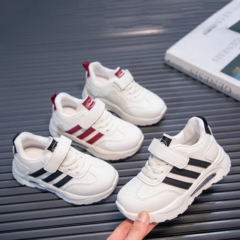 2026 New Spring Fall Sport Shoes for Boys, Fashion Patchwork Stripes Sneakers for Girls, Black, Khaki, Gray Kids Trainers.