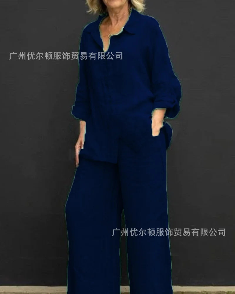 Two Piece Sets Women Outfits,  Fall Simple Long Sleeve Shirt Loose Trousers Set Office Casual.