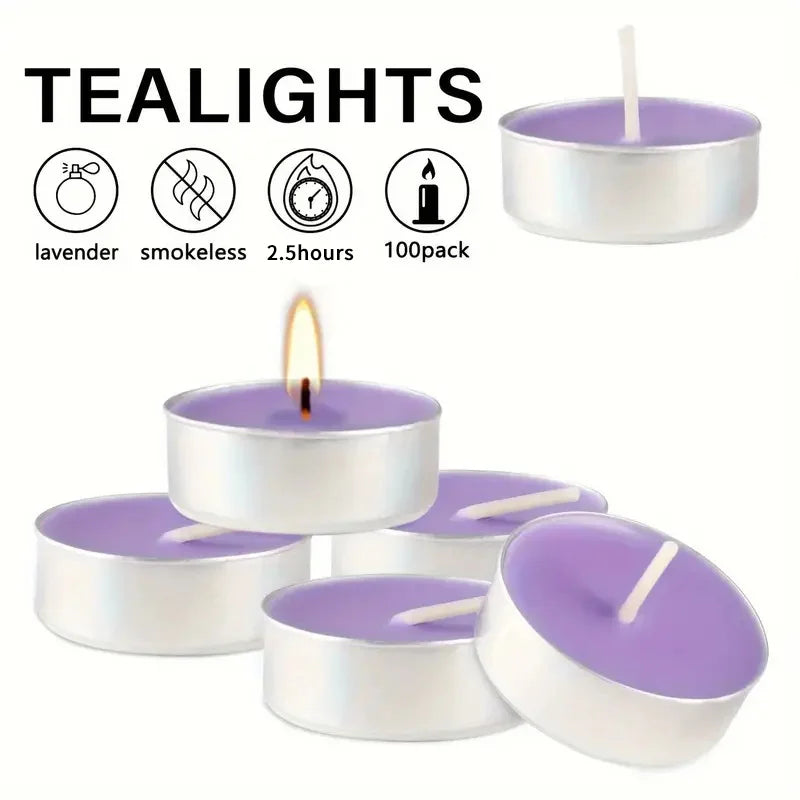 Air Fusion 100 Count Tea Lights Candles Purple Lavender & Vanilla Scented 2.5 Hours Smoke-free Drip-free.