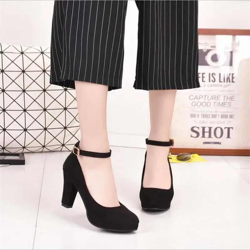 Spring Women Pumps High Heel Ankle Strap Round Toe Shoes.