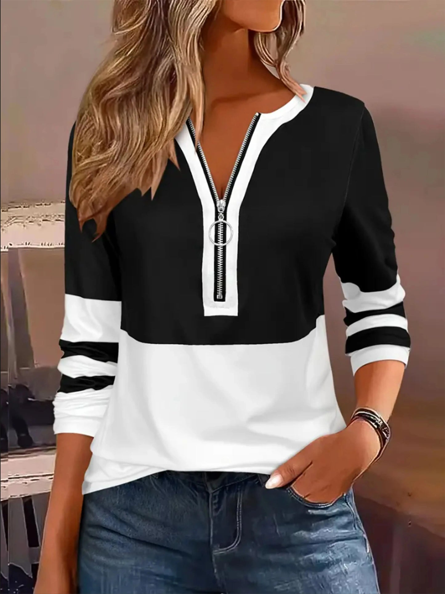 Plus Size Long Sleeve, Geometric Stripes & Color Block Ring Zipper.