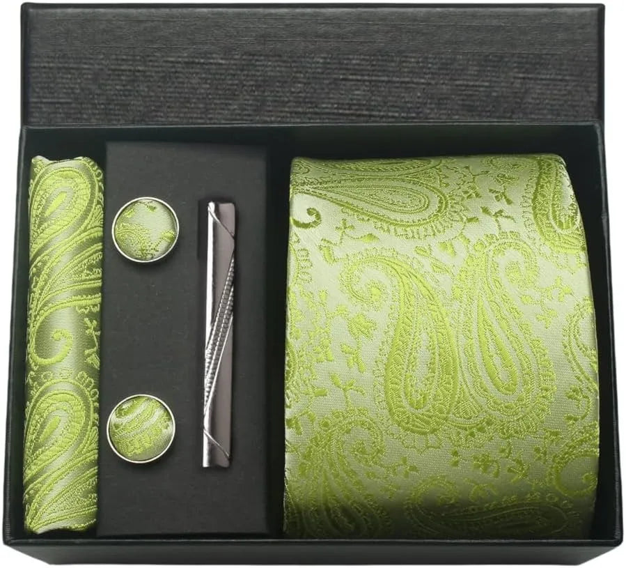 100% Silk Necktie Paisley Floral Men Business Tie, Pocket Square ,Tie Clip ,Cufflinks Set  Gift Box.