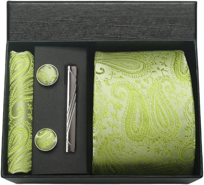100% Silk Necktie Paisley Floral Men Business Tie, Pocket Square ,Tie Clip ,Cufflinks Set  Gift Box.