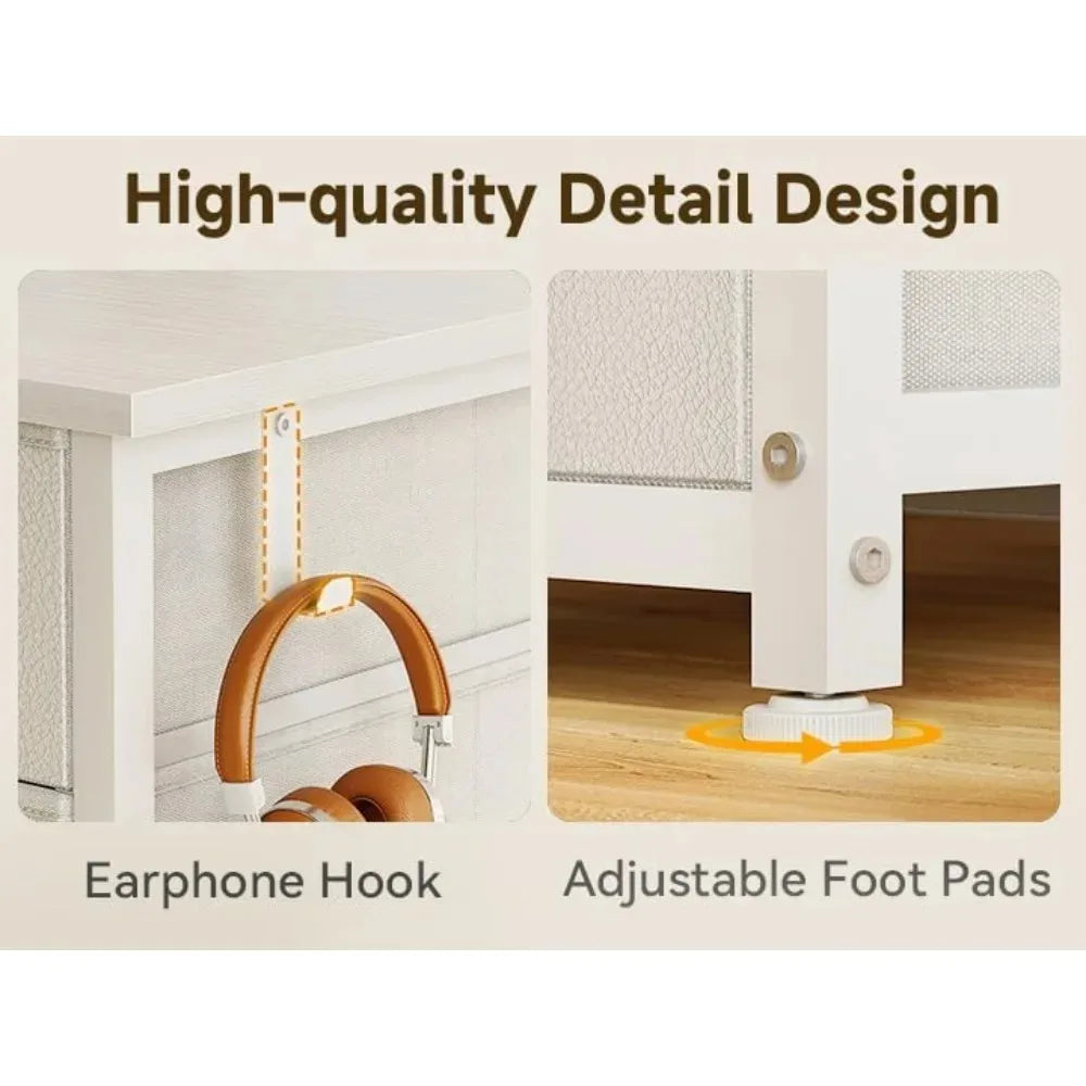 48-Inch White Computer Desk with 8 Fabric Drawers, Modern Office Desk for Home Office.