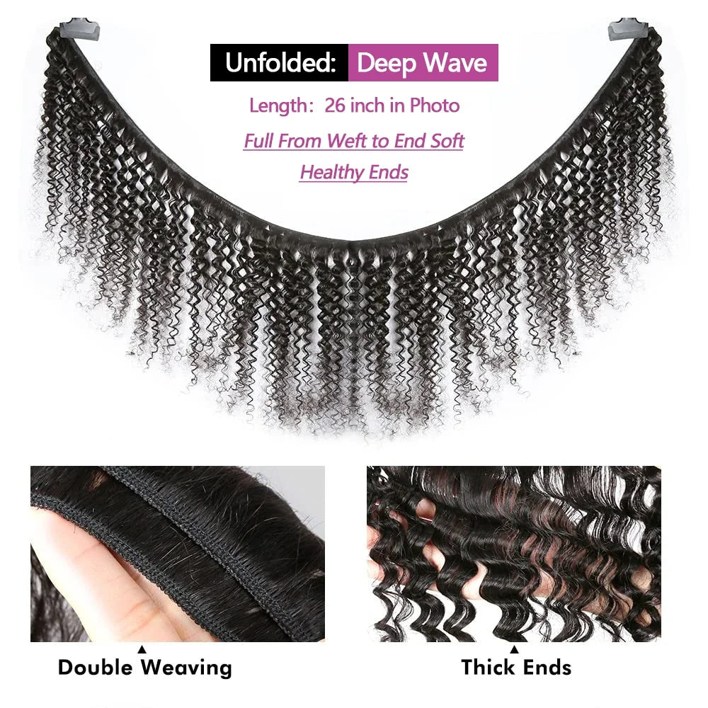 Queenlike Deep Wave Human Hair Bundles, 24 26 28 inch Deep Curly Bundles 100% Human Hair for Women, Brazilian Raw Hair Extensions.