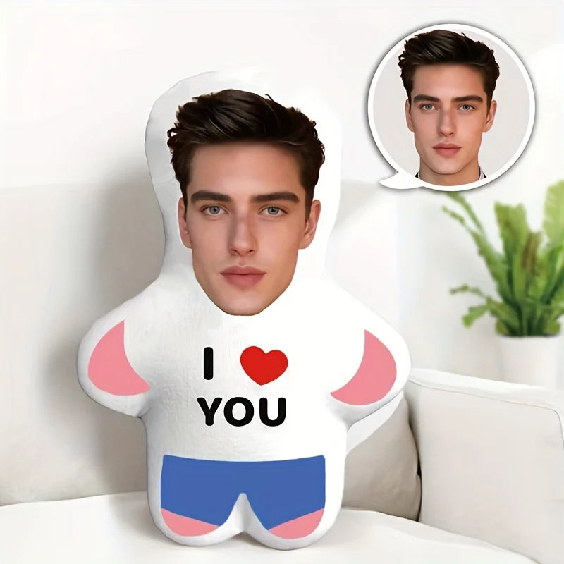 Customized "I Love You" mini plush doll personalized photo pillow.