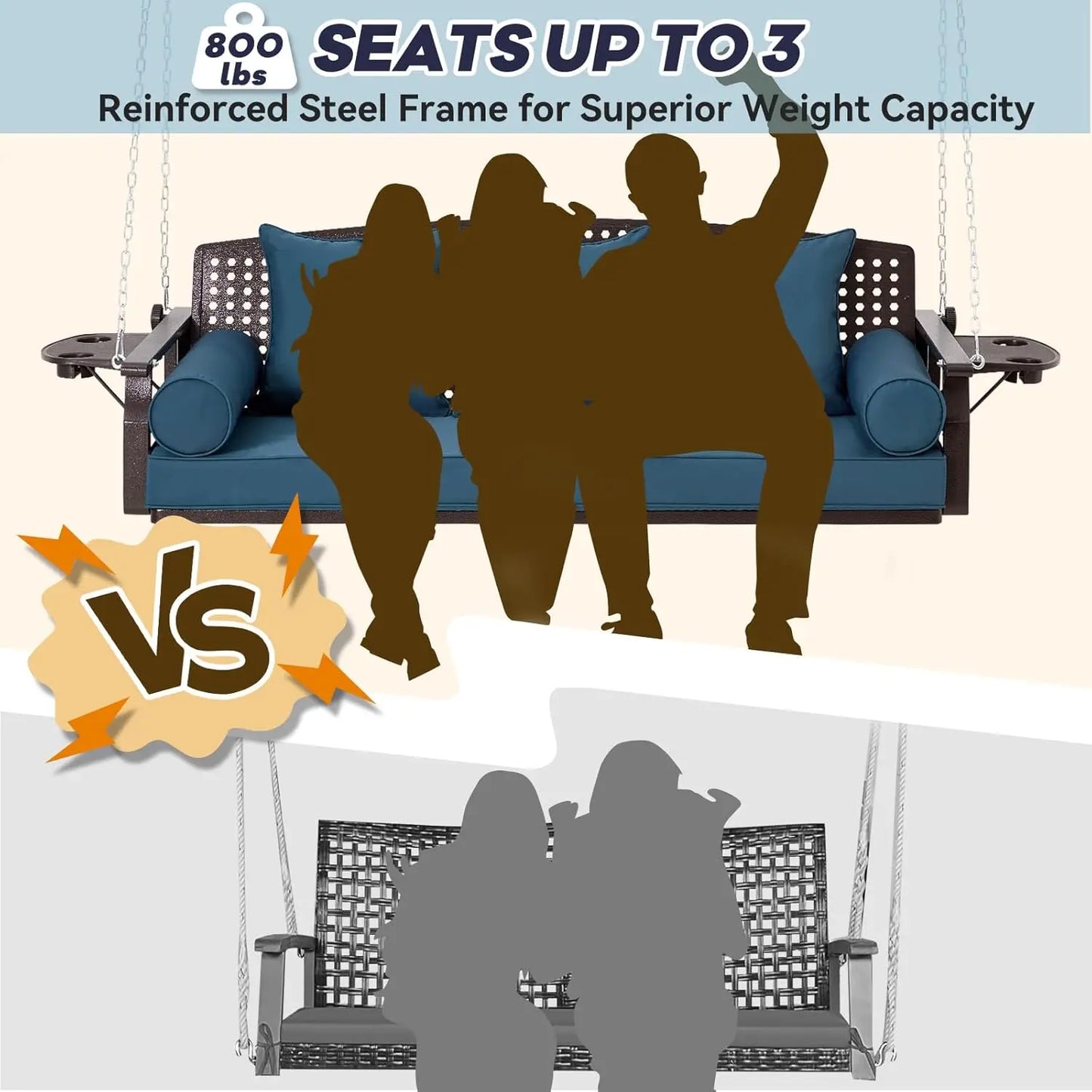 3 Seat Porch Swing, Patio Swing Bench with Cup Holders & 3 Back Cushions.