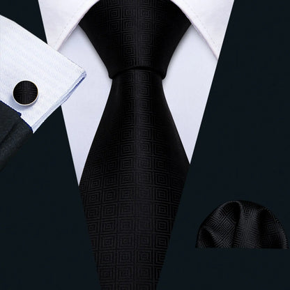 Black White Gray Silver Men Tie Handkerchief Cufflinks Set.