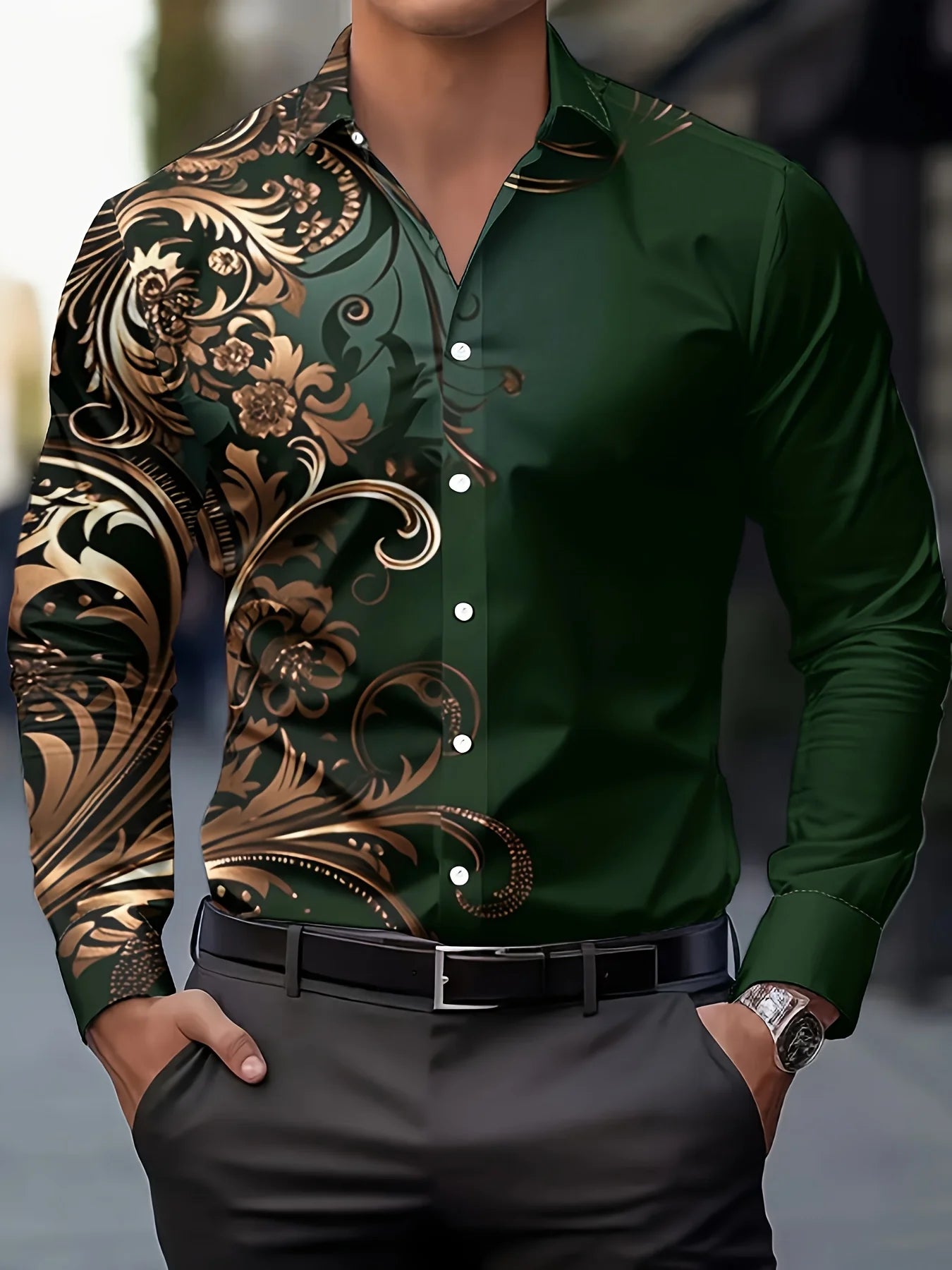 Men Stylish Red Floral Print Dress Shirt - Casual Long Sleeve Button-Up Design.