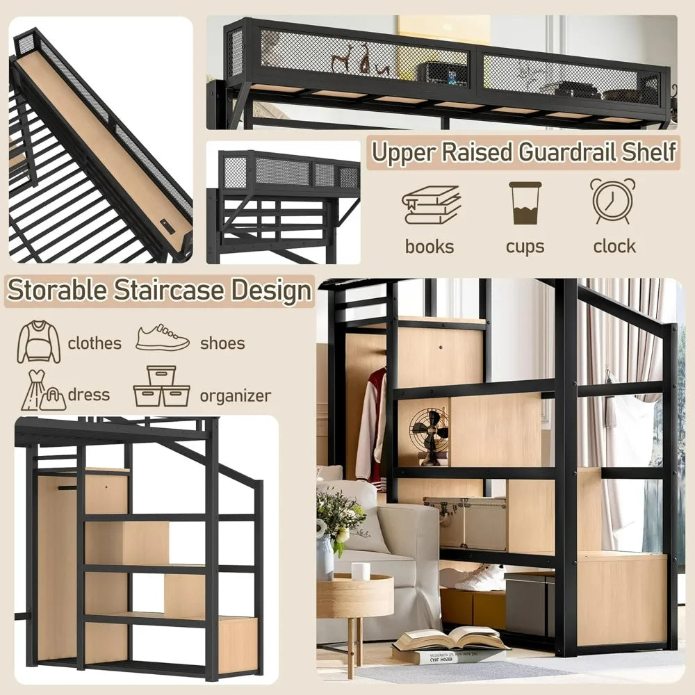 Queen Size Metal Loft Bed Frame, with Storage Stairs, Side Shelf, Wardrobe, USB Ports, and LED Lighting