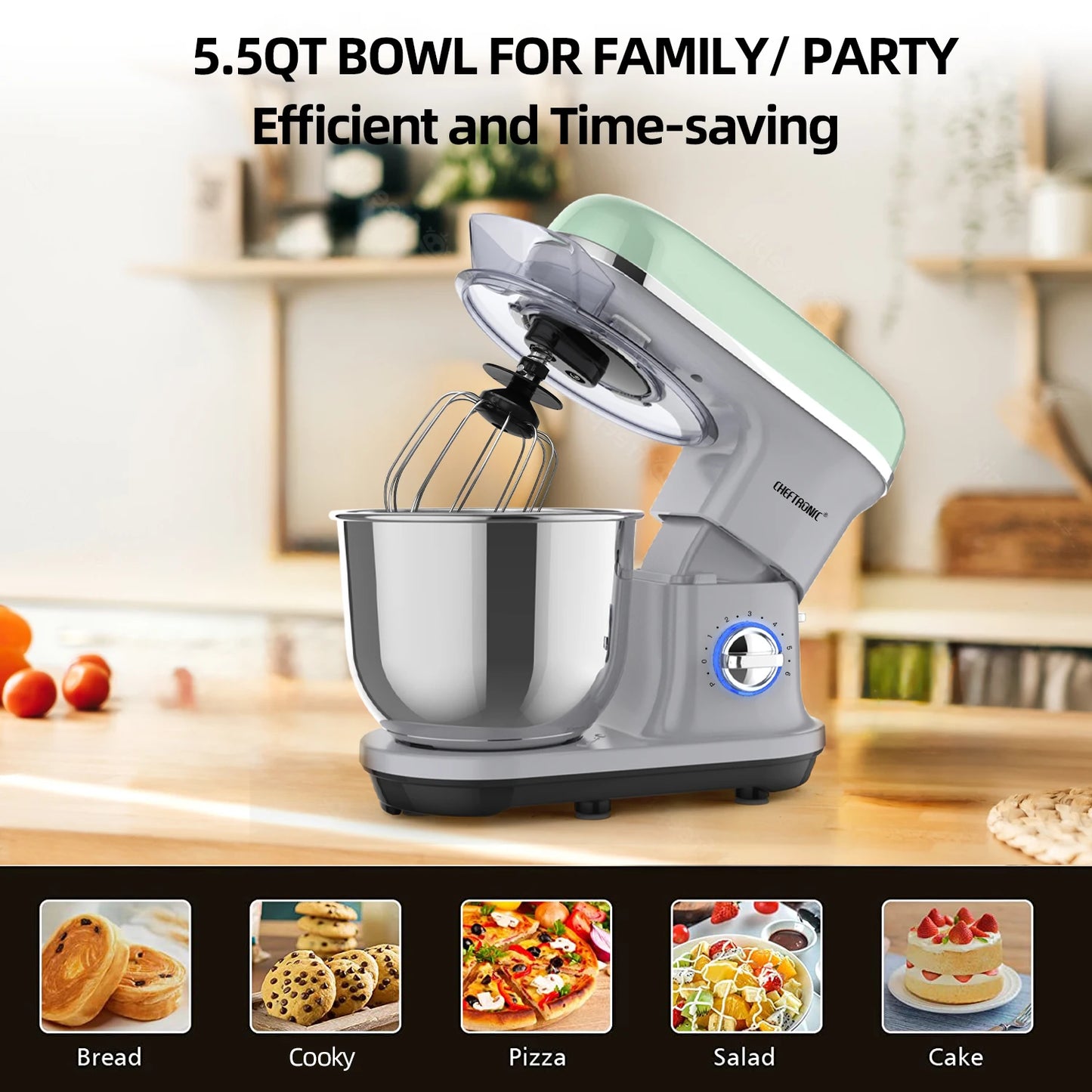 CHEFTRONIC Stand Mixer, 5.5QT Tilt-Head Electric  processors - 500W 6+P Speed.