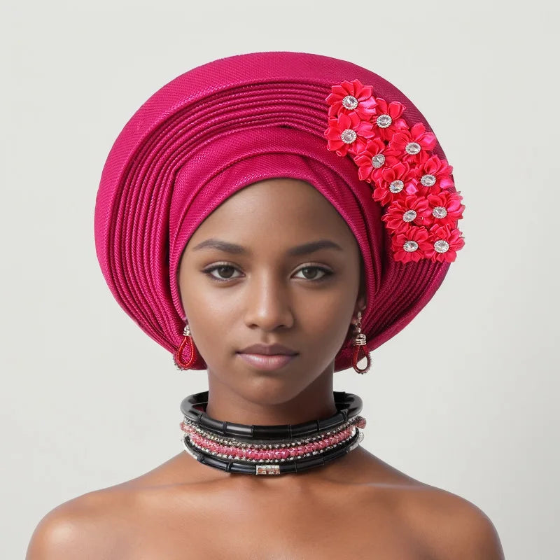 Red Multi-Layered, Turban Hat African Fan Shaped Head Wraps ,Pleated Headwear With Crystal.