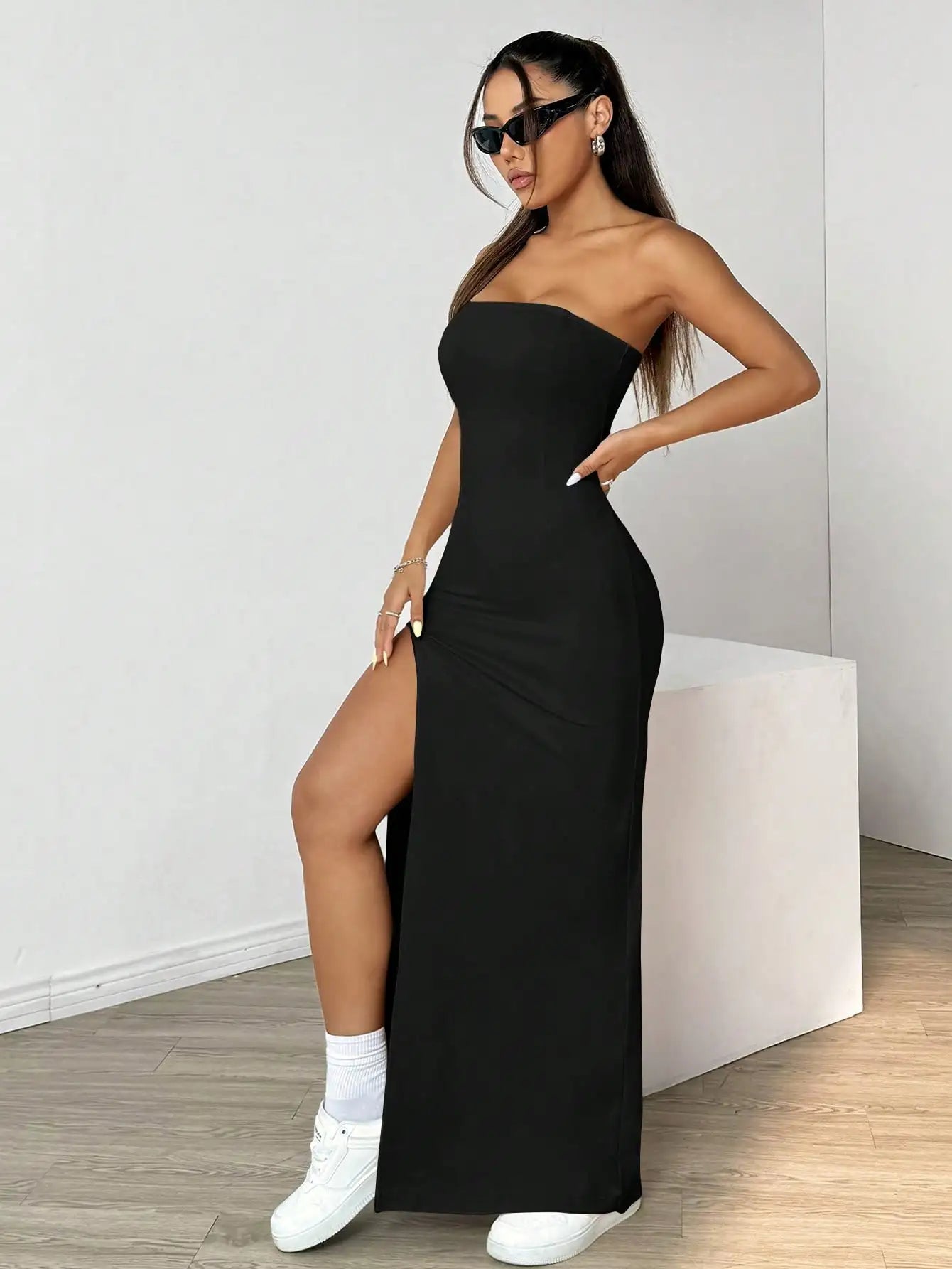 Elegant ladies strapless camisole, simple basic solid color long dress, casual, semi-formal occasions,
