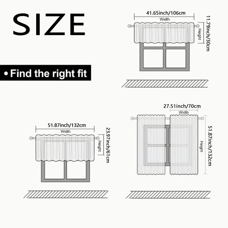 Solid Color Curtains, Kitchen Curtains W106cm x H30cm 1PC, W132cm x H61cm 1PC, W70cm x H132cm 2PCS