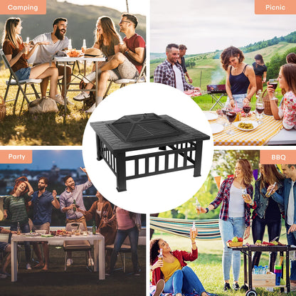 Steel Fire Pits for Outside, 32'' Square Wood Burning Fire Pit Table.