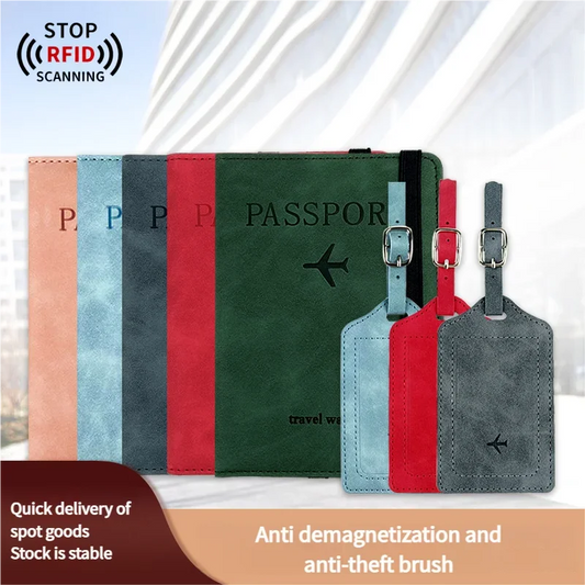 Travel Essentials: RFID-Blocking Passport Holder + Leather Luggage Tag Set.