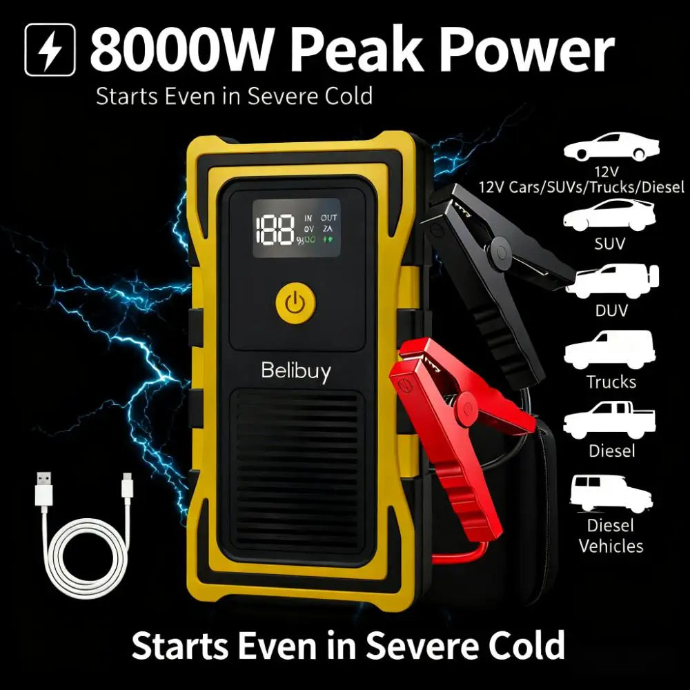 2000A Car Jump Starter, Emergency LED Light for All Diesel/Gasoline Cars 12V with Digital Display.