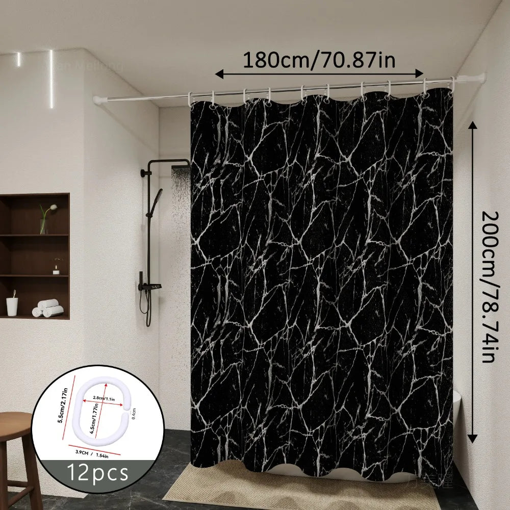 Bathroom Shower Curtain Easy Clean and Wipe Marble Curtain with Hooks