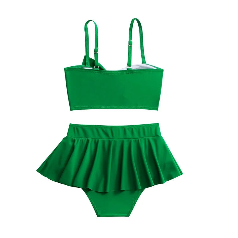 Girls Bow Bikini Two Pieces Swimsuit, Kids Ruffle Skirt, 5-14 Years Teenager Beach Wear.