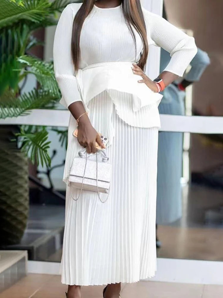 Pleated 2 Piece Set, Women Belt Gathered Waist Tops and Folds A-line Long Skirt Party Set.