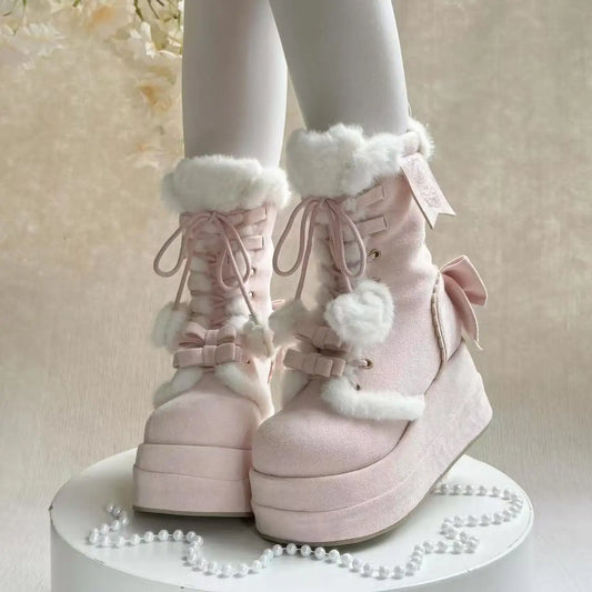 Sweet Winter Girls Lolita Mid-Calf Snow Boots, Cute Female Plush Stars Warm Bowknots Wedge Heel Heightening Shoes.