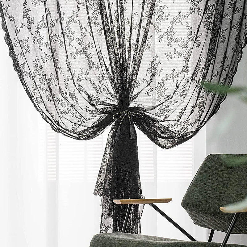 Black floral lace curtains with retro style for living rooms, bedrooms, and party decorations.