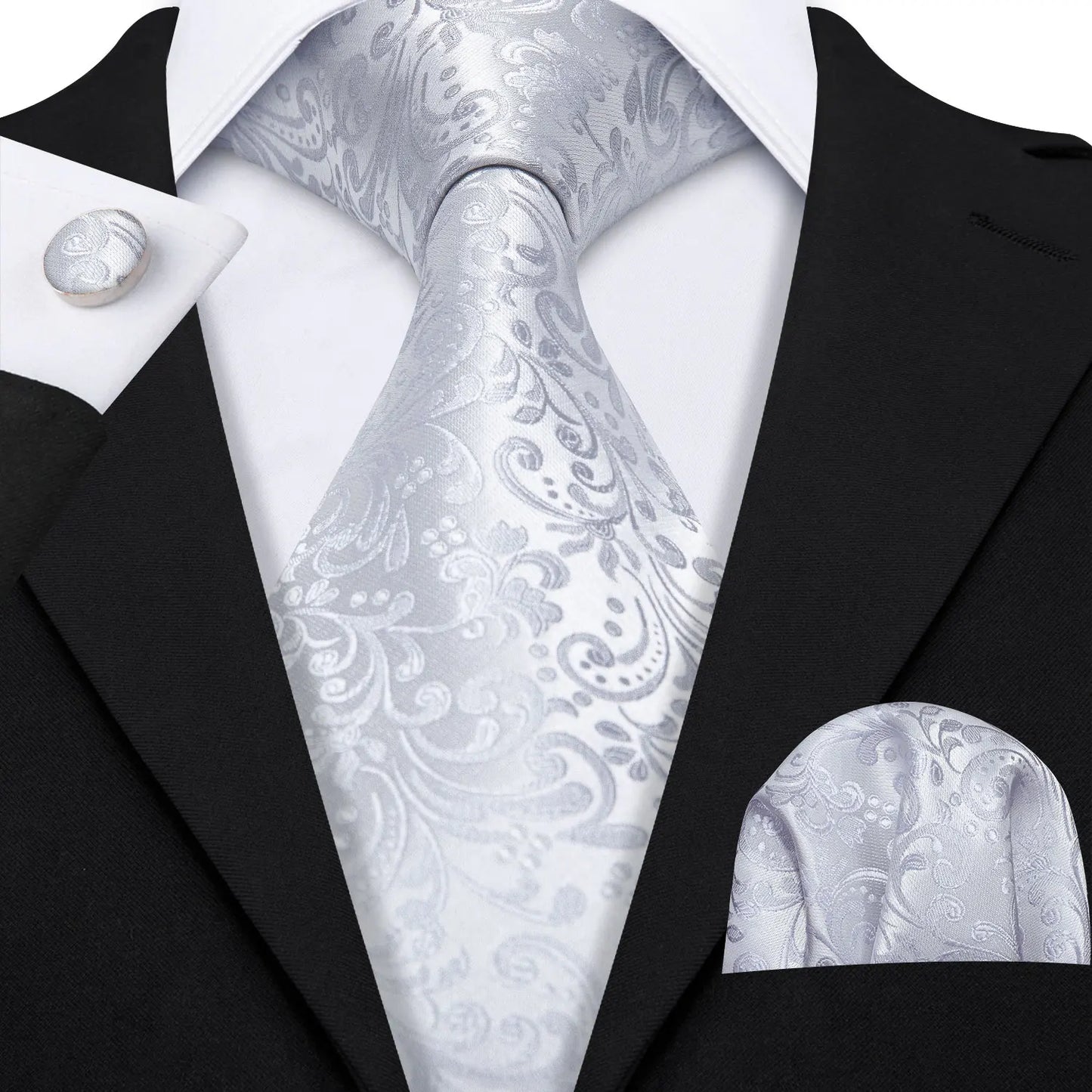 Black White Gray Silver Men Tie Handkerchief Cufflinks Set.
