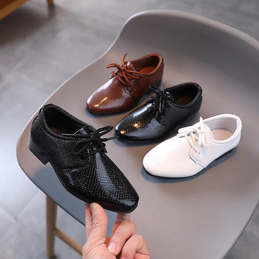 Boy Leather Shoe Black ,White Versatile Flats for School, Causal Fashion Lace-up Formal Uniform Shoes.
