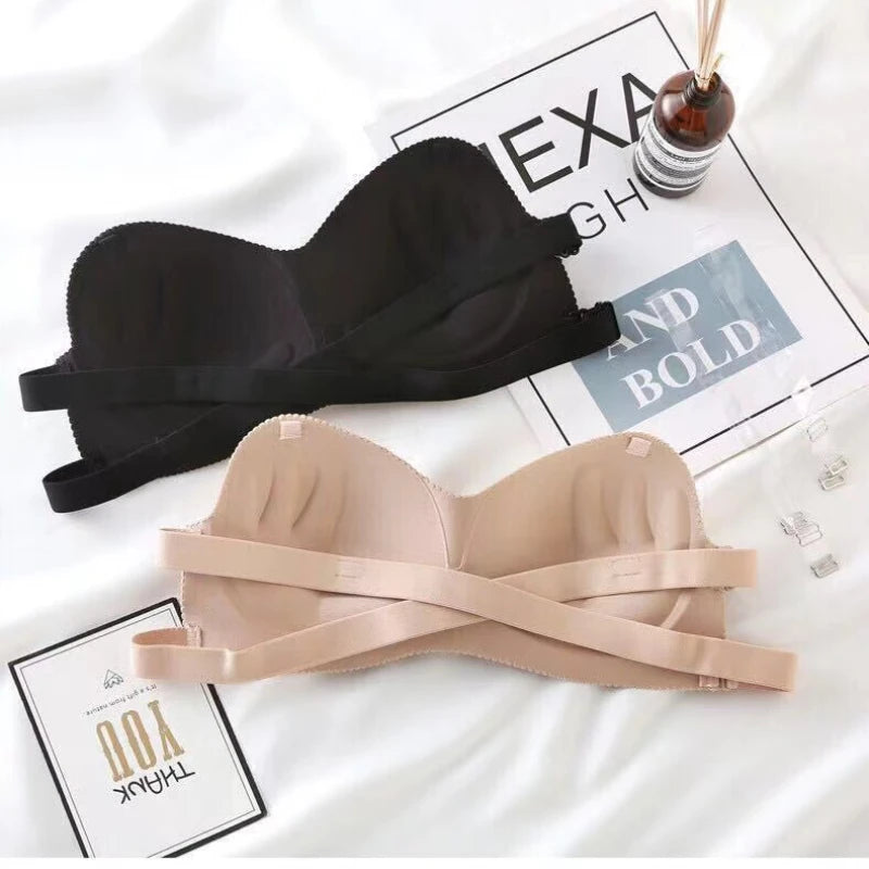 Sexy Backless Invisible Push Up for Women, Seamless Black Strapless Bra.