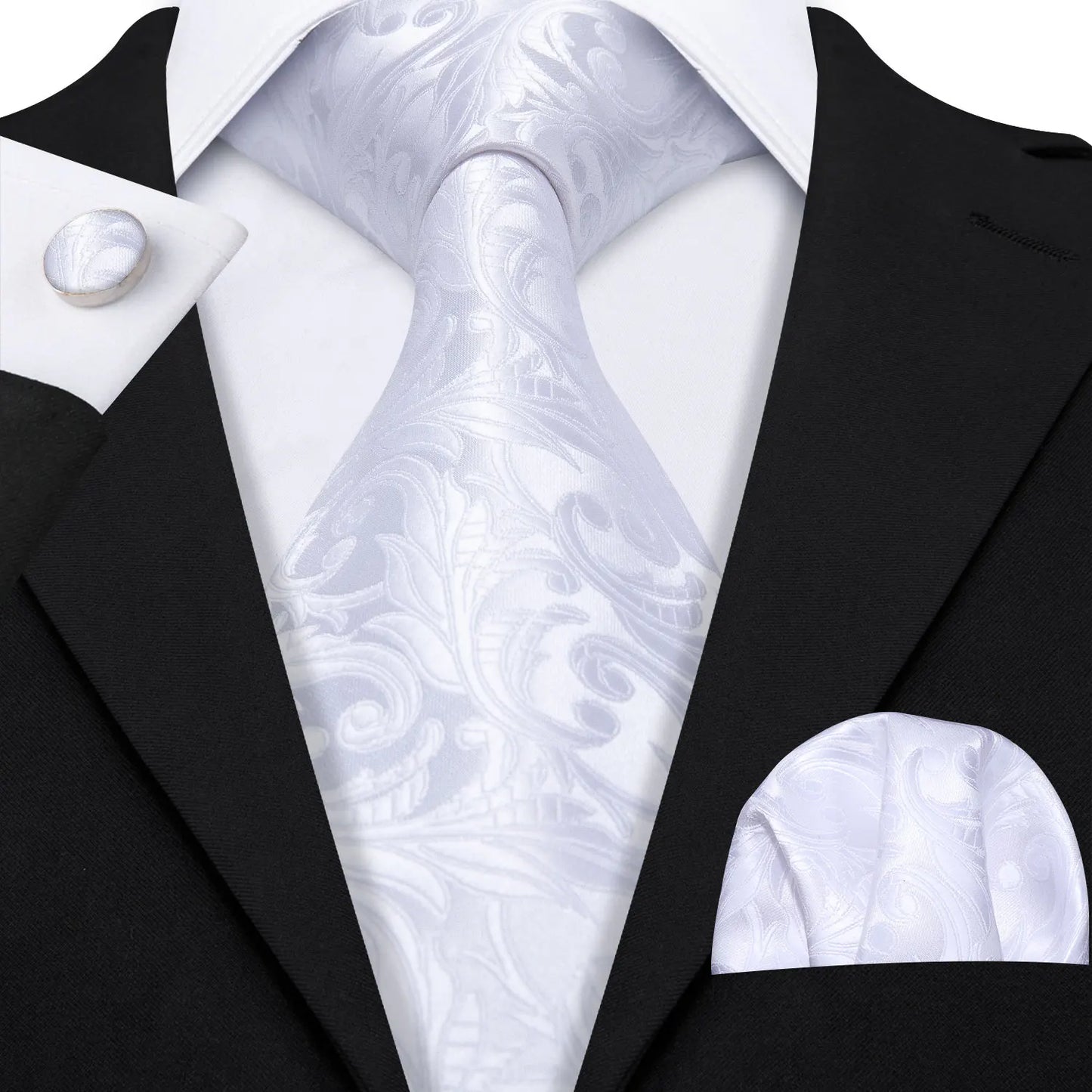 Black White Gray Silver Men Tie Handkerchief Cufflinks Set.