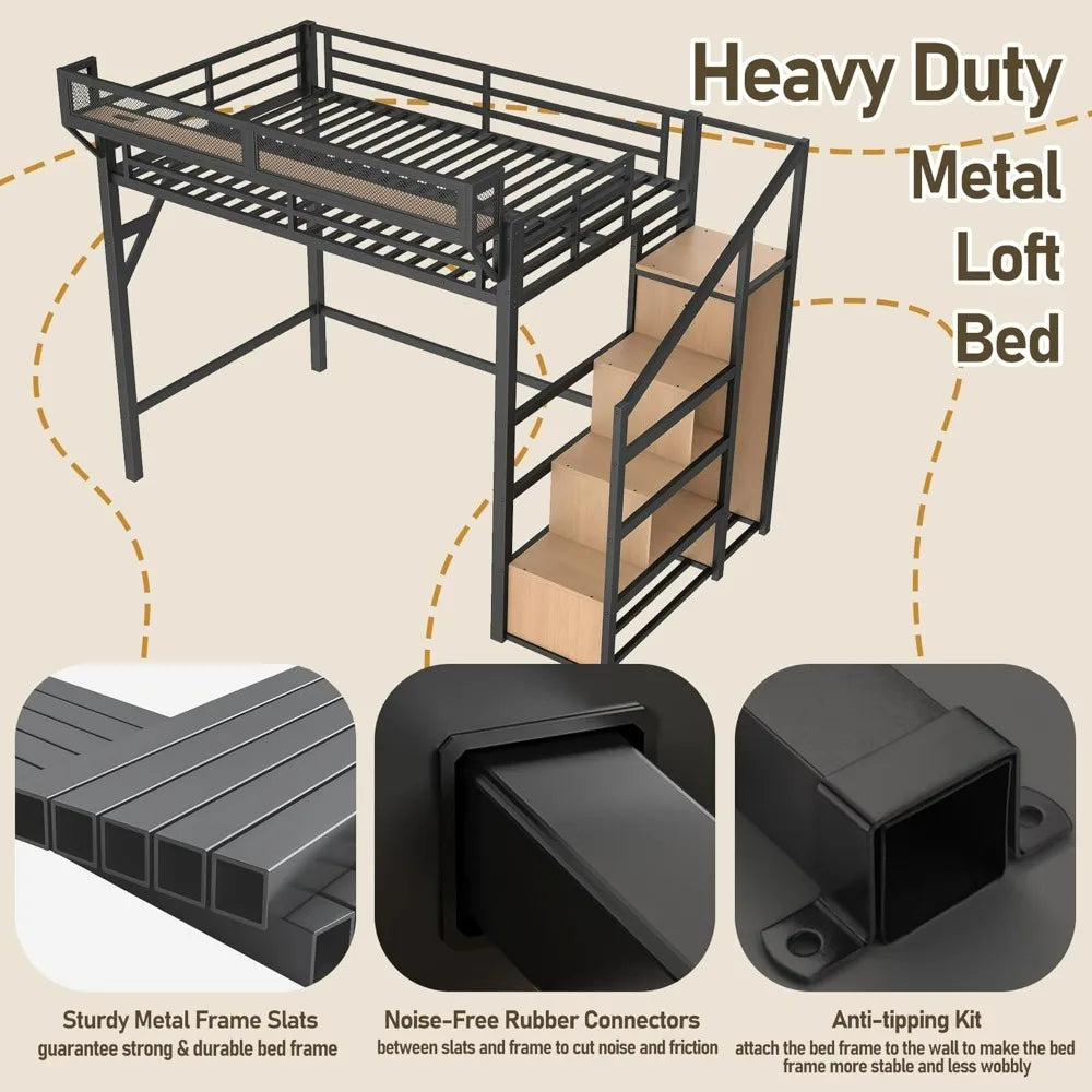 Queen Size Metal Loft Bed Frame, with Storage Stairs, Side Shelf, Wardrobe, USB Ports, and LED Lighting
