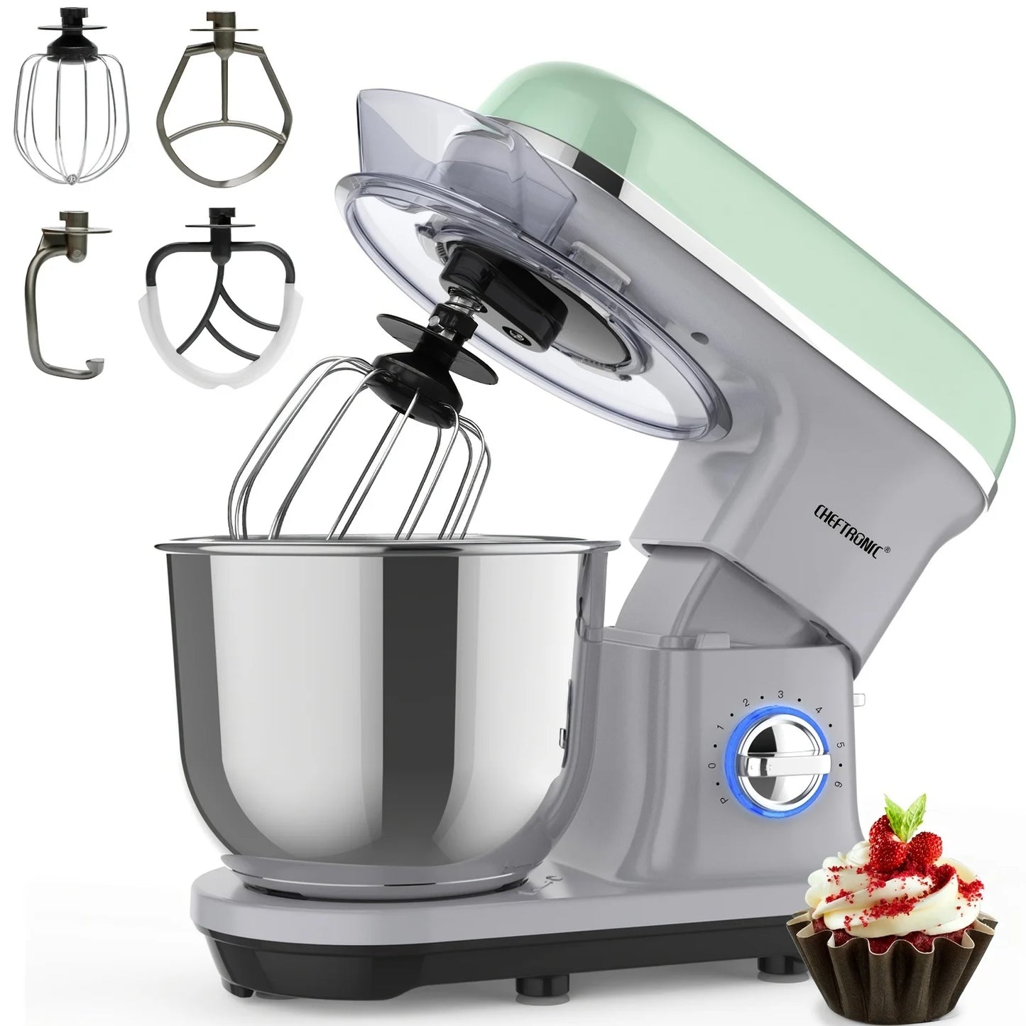 CHEFTRONIC Stand Mixer, 5.5QT Tilt-Head Electric  processors - 500W 6+P Speed.