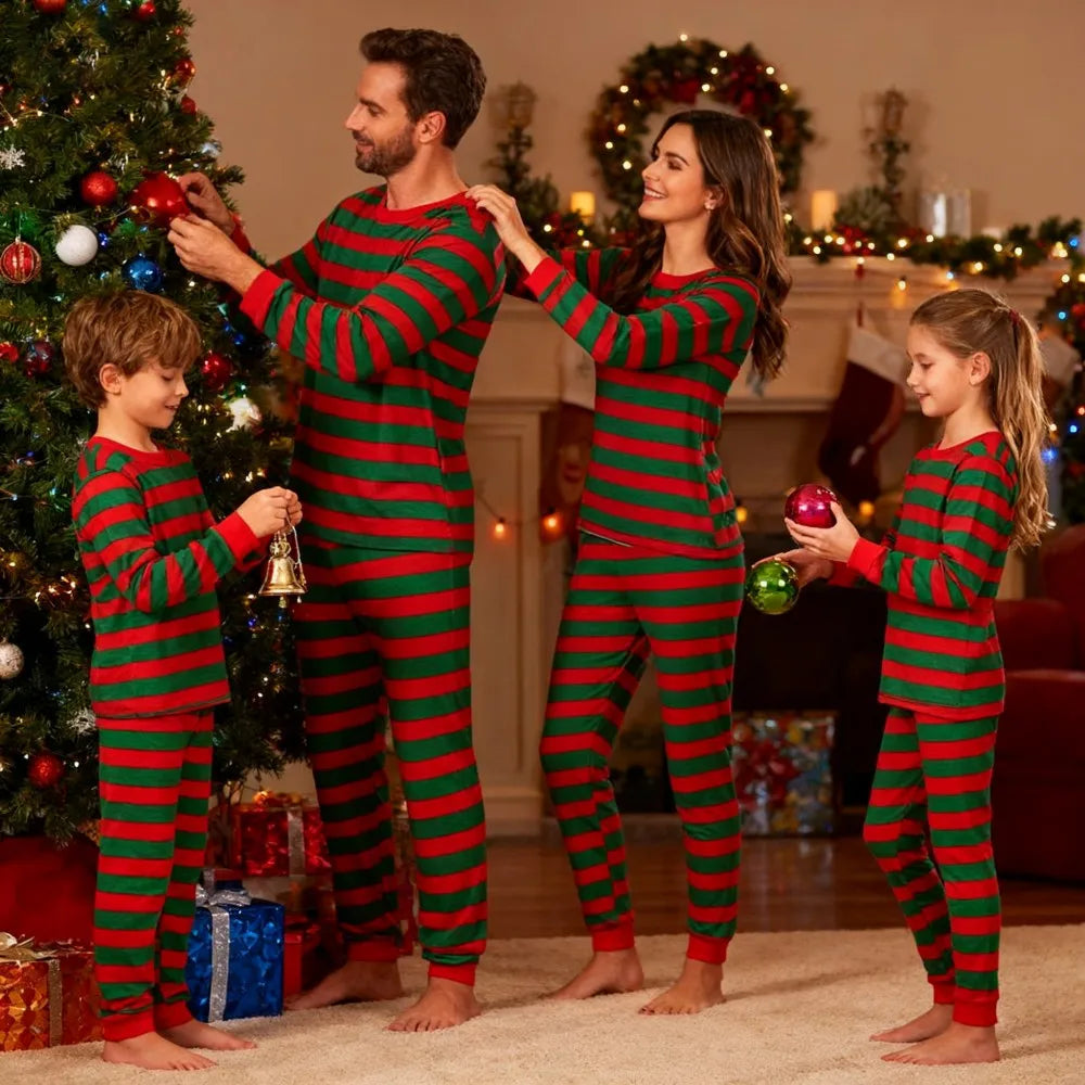 New Striped Family Matching Christmas Pajamas, Mother, Kids, Dad