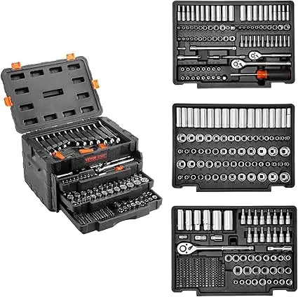 Comprehensive Mechanics Tool Kit: 450-Piece SAE and Metric Socket Set, with 1/4, 3/8, and 1/2 Drive Deep and Standard Sockets.