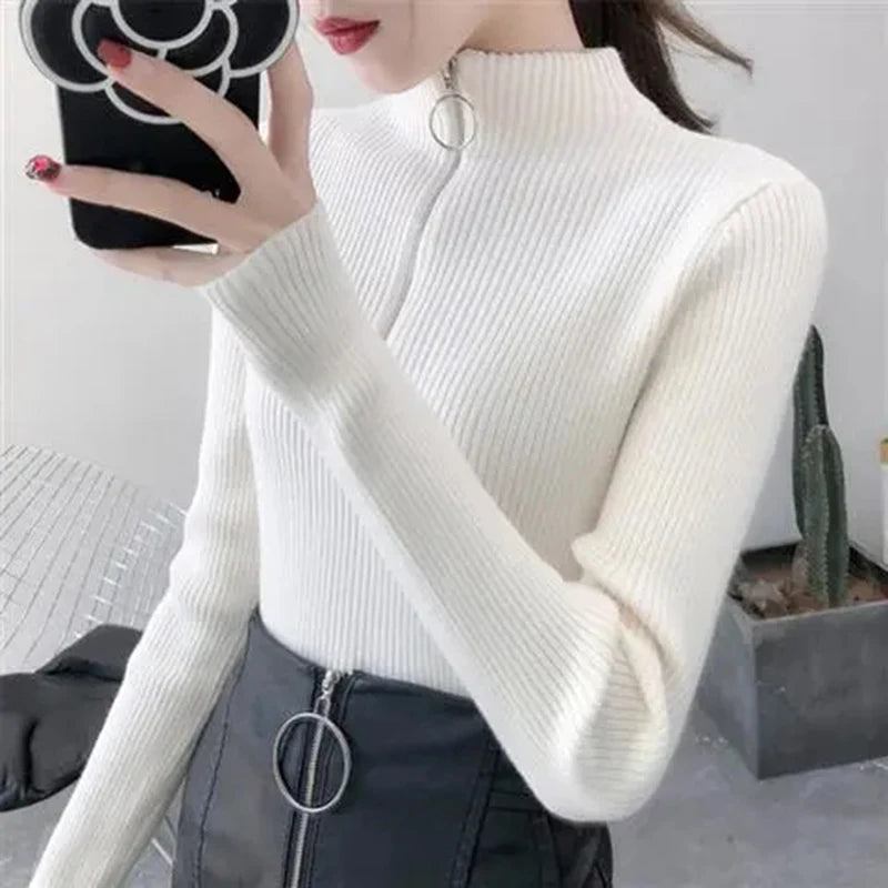 Knitted Women Zipper Half High Neck Sweater Solid Knitwear.