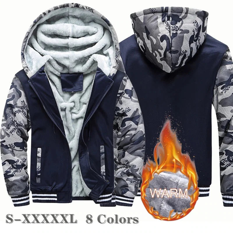 Men's Jacket Winter Camouflage Fleece Thicken Hooded Jackets, Casual Zip Up Hoodies Streetwear Coats.