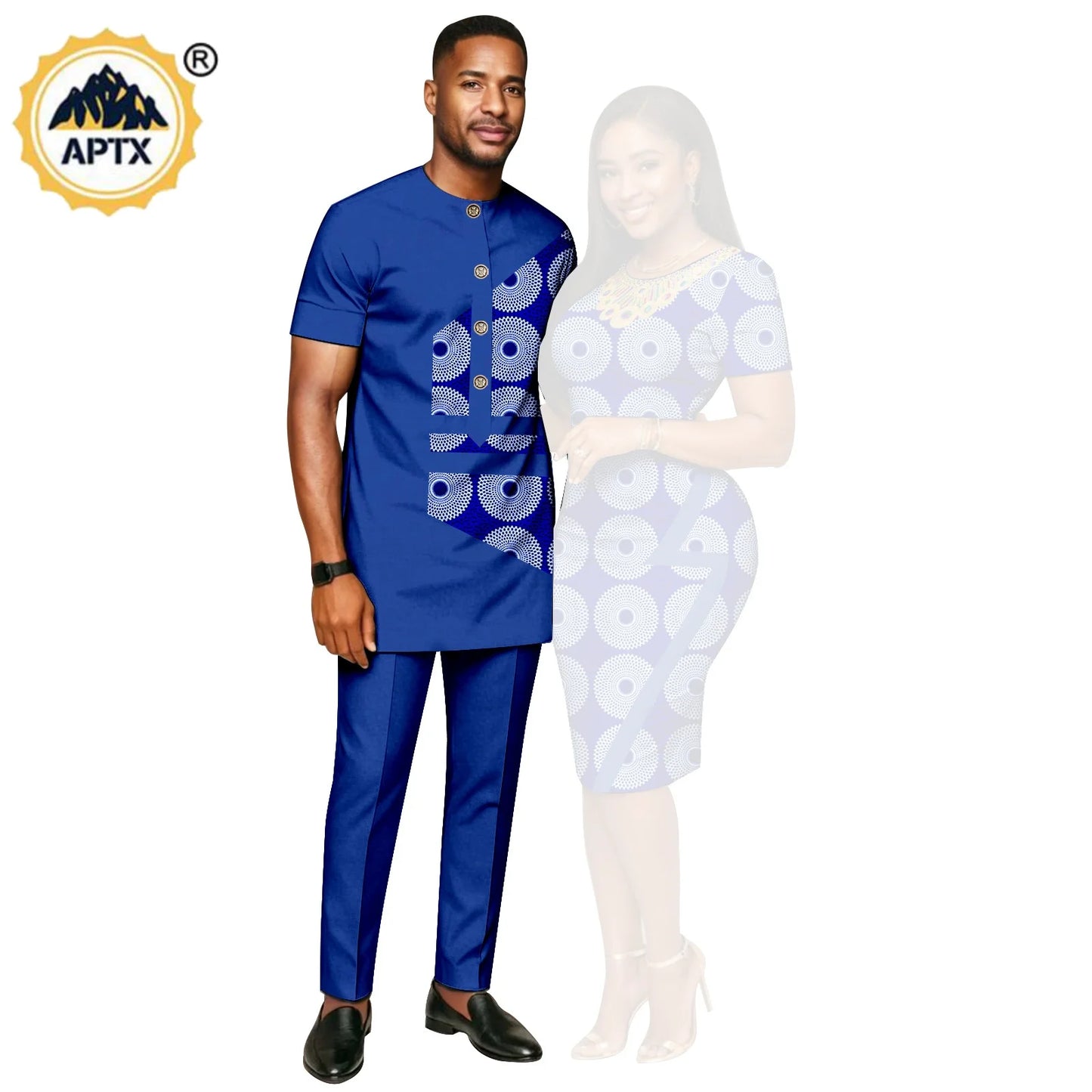 African Print Slim Hip Knee-length Dresses for Women, Matching Couple Outfits Dashiki Men Patchwork Top and Pant Sets 26C019.