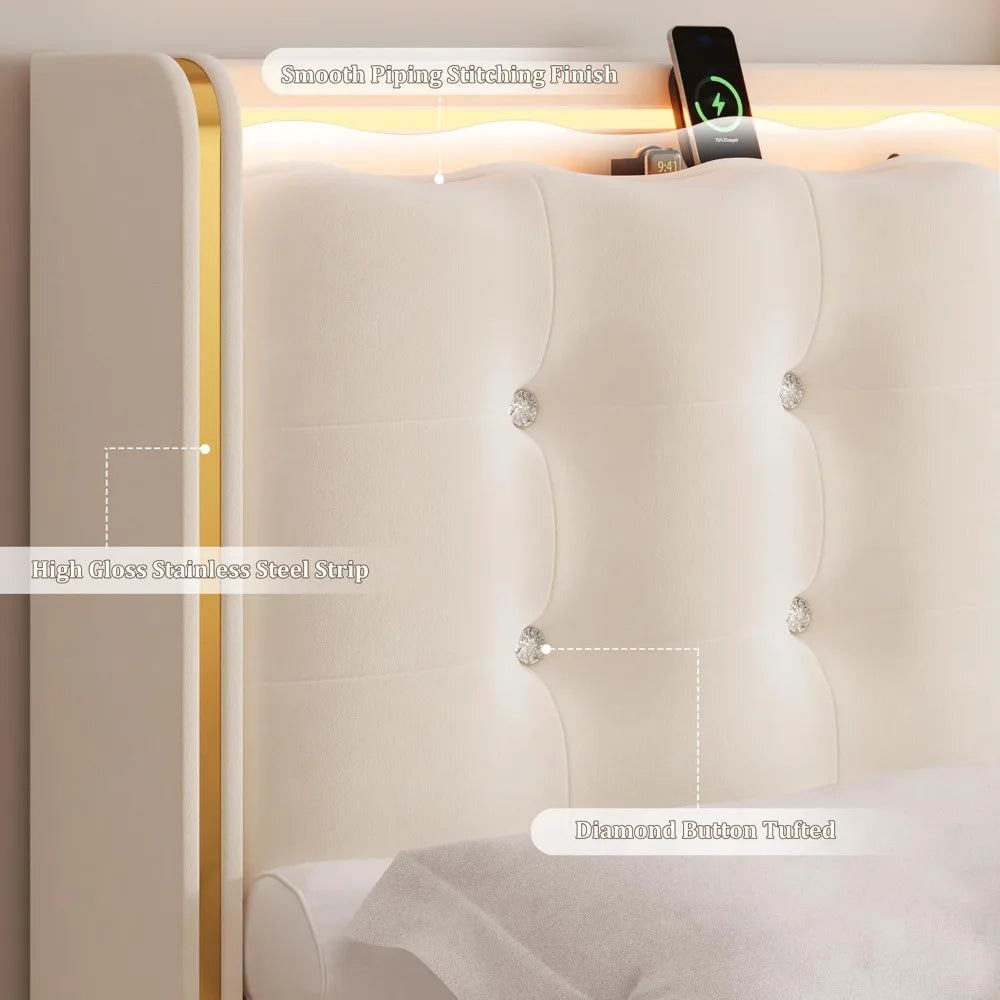 Upholstered Full Led Bed Frame with Charging Station and Storage Drawers Velvet Princess.