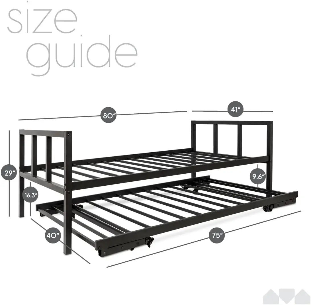 Twin Daybed and Fold- Up Trundle Set, with Pop Up Trundle, Black Frame - Mattresses Sold Separately.