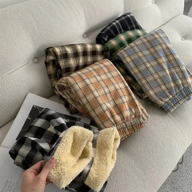Warm Plush Pants, Cashmere Thick Plaid Ladies Winter Loose Wide-legged Pants
