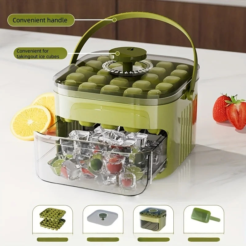 Compact Double Layer Ice Cube Tray with Lid and Bin, Pull-Out Ice Drawer with Portable Handle.