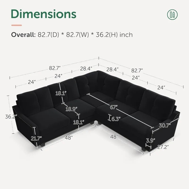 Convertible Sectional Sofa L Shaped Couch for Small Apartment ,Velvet Black.