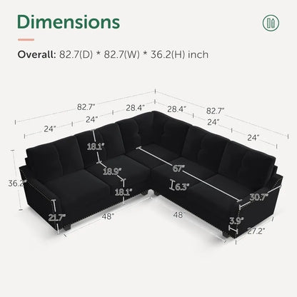 Convertible Sectional Sofa L Shaped Couch for Small Apartment ,Velvet Black.