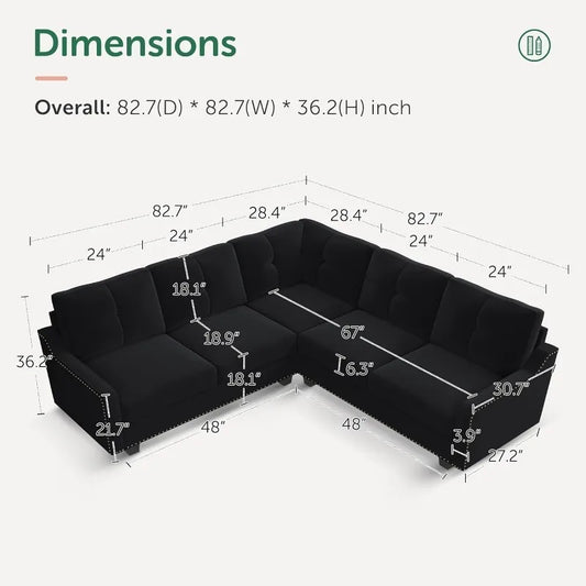 Convertible Sectional Sofa L Shaped Couch for Small Apartment ,Velvet Black.