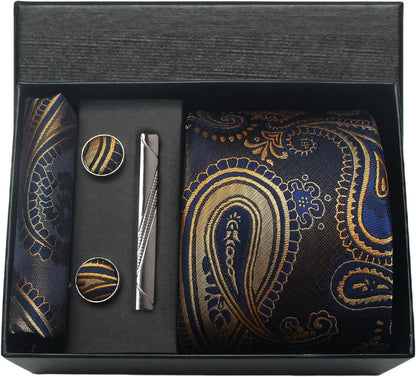 100% Silk Necktie Paisley Floral Men Business Tie, Pocket Square ,Tie Clip ,Cufflinks Set  Gift Box.