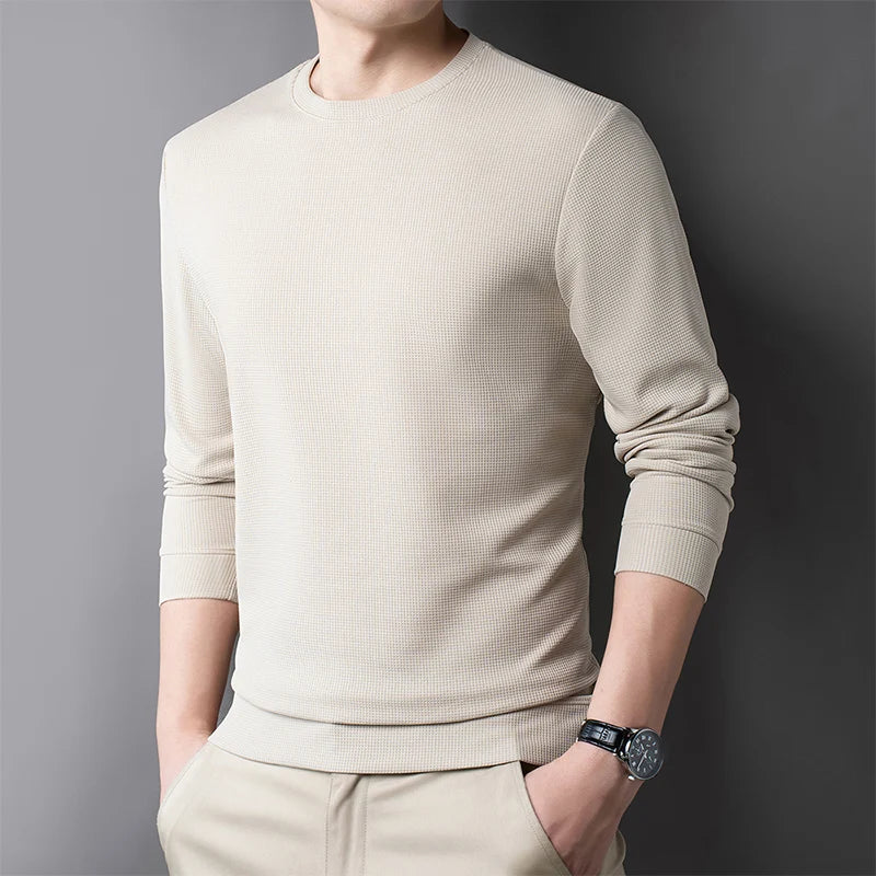 Men Casual Waffle Round Neck T-shirt Breathable, Comfortable, and Fashionable Long Sleeved T-shirt.
