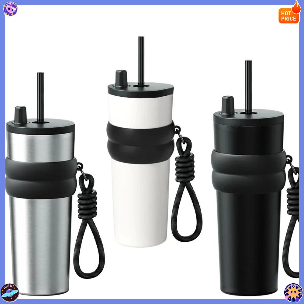 700ml/23oz Stainless Steel Travel Thermos - Leak-Proof Lid with Straw